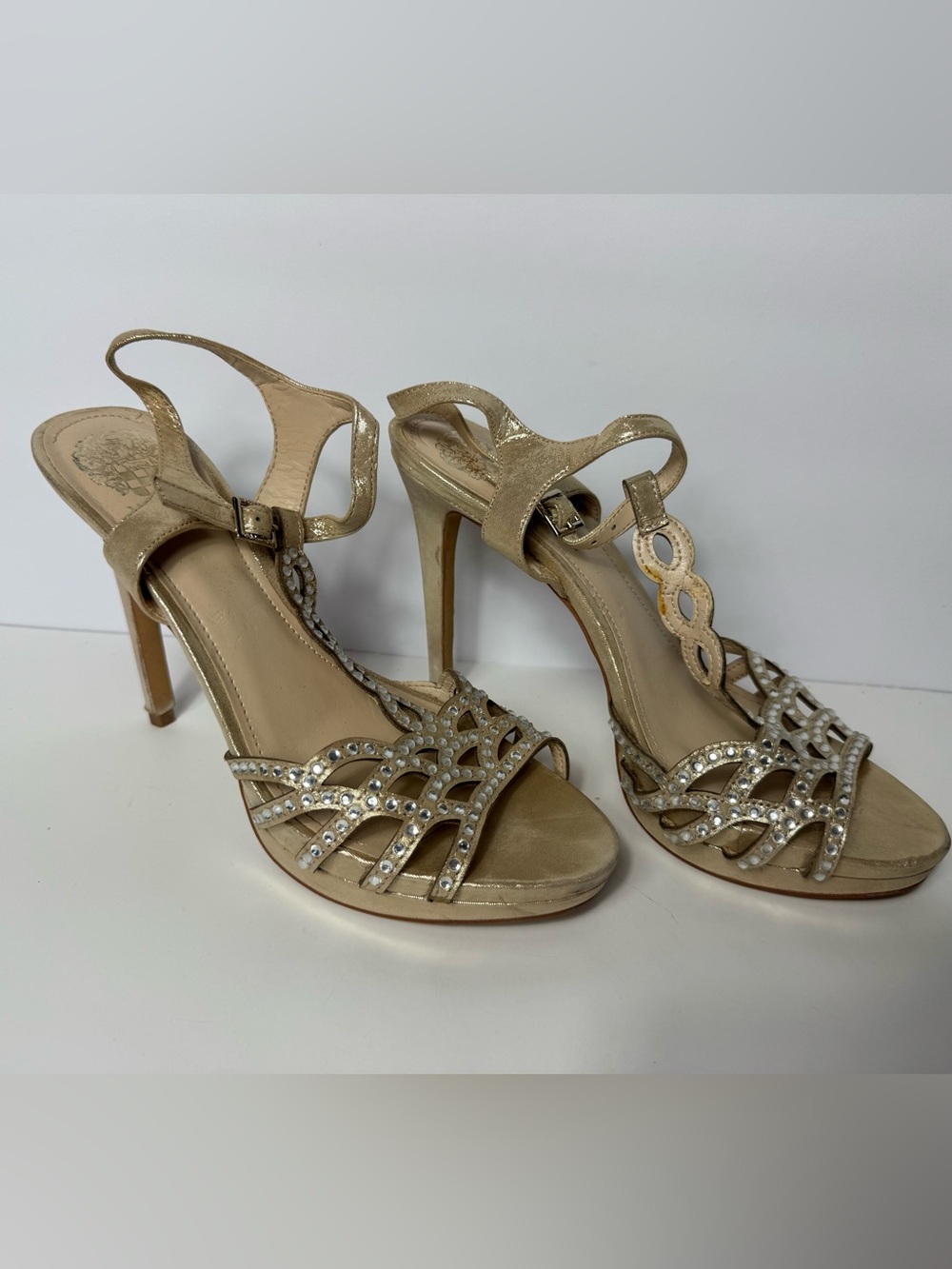 Vince Camuto Gold Nude Crystal Rhinestone Strappy Heels 7.5